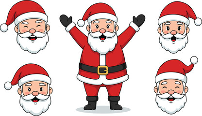 Happy santa claus character collection with five different expressions isolated on transparent background