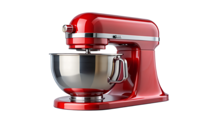 Red stand mixer with stainless steel bowl isolated on transparent background, a kitchen appliance for baking and cooking delicious treats