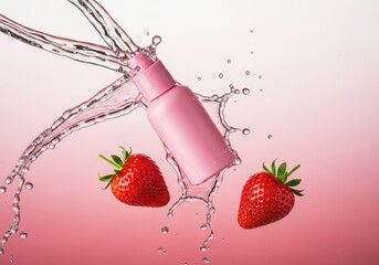 Pink cosmetic bottle with strawberries and water splash