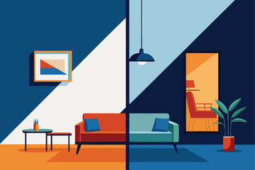 vector renovation of old vs new living room  .eps