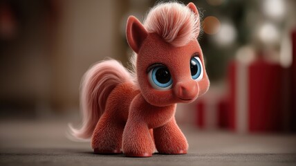 Cute cartoon red fire horse with big blue eyes - Symbol of 2026. Blurred background. Soft, warm tones.