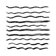 Set of wavy horizontal lines. Marker hand-drawn line border set and scribble design elements. Lines hand drawn paint brush stroke. Vector set isolated .