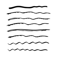 Set of wavy horizontal lines. Marker hand-drawn line border set and scribble design elements. Lines hand drawn paint brush stroke. Vector set isolated .