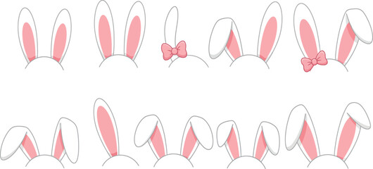 Collection of cute fluffy bunny ear headbands with pink insides isolated on transparent background