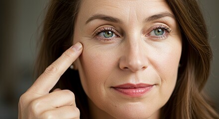 Woman with light eyes points to her cheek showing wrinkles around her eyes