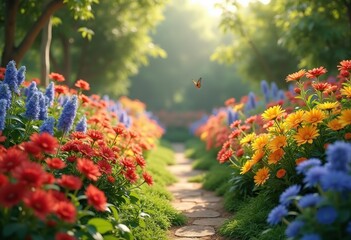 Obraz premium vibrant flower beds serene lush greenery experience colorful nature blooms garden bliss, blossom, petal, landscape, plant, flora, scenery, spring