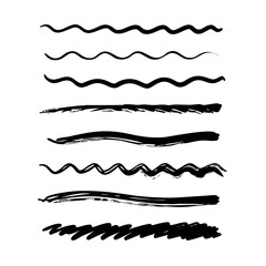 Set of wavy horizontal lines. Marker hand-drawn line border set and scribble design elements. Lines hand drawn paint brush stroke. Vector set isolated .