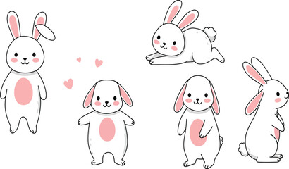 Adorable hand drawn bunny characters in various poses isolated on transparent background