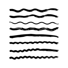 Set of wavy horizontal lines. Marker hand-drawn line border set and scribble design elements. Lines hand drawn paint brush stroke. Vector set isolated .