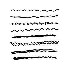 Set of wavy horizontal lines. Marker hand-drawn line border set and scribble design elements. Lines hand drawn paint brush stroke. Vector set isolated .