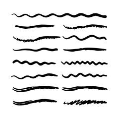 Set of wavy horizontal lines. Marker hand-drawn line border set and scribble design elements. Lines hand drawn paint brush stroke. Vector set isolated .