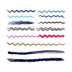 Set of wavy horizontal lines. Marker hand-drawn line border set and scribble design elements. Lines hand drawn paint brush stroke. Vector set isolated .