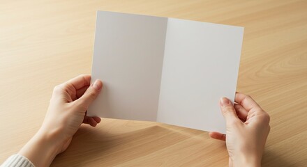 A blank white card is held open by two hands against a light wood background