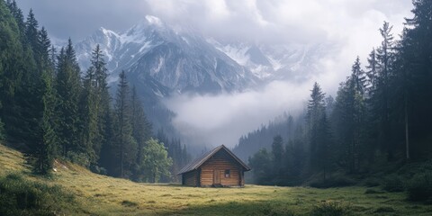 Serene Mountain Lodge Amidst Fog: A picturesque mountain lodge nestles amidst a misty valley, embraced by towering trees and enveloped in ethereal fog, with snow-capped peaks in the backdrop.