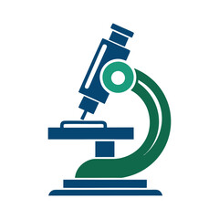 Modern illustration of a microscope, a key tool for scientific research and discovery, presented in blue and green tones, isolated on a white background