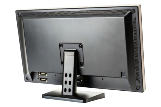 Black computer monitor with stand and rear USB ports visible isolated with transparent background - Powered by Adobe
