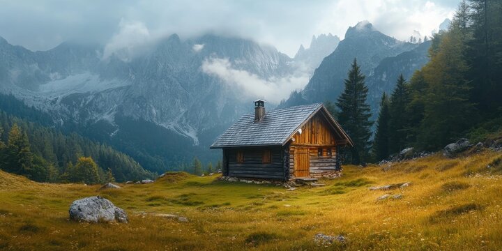 Rustic Cabin Sanctuary: A weathered wooden cabin nestles peacefully amidst the breathtaking panorama of a majestic mountain range, framed by verdant meadows and whispering pines.