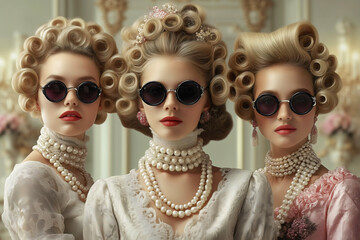 Fototapeta premium Elegant aristocratic women with vintage pin curl hairstyles wearing pearls, round sunglasses and red lipstick in luxurious retro fashion portrait showcasing sophisticated ladies who lunch aesthetic. 