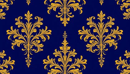 Intricate floral damask pattern in elegant gold on deep blue background, repeat, antique
