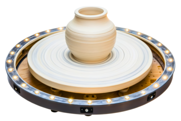 Pottery wheel with unfinished ceramic vase and circular LED light ring isolated with transparent background