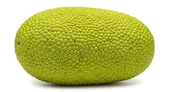 A close shot of a green jackfruit showcasing its textured segmented rind