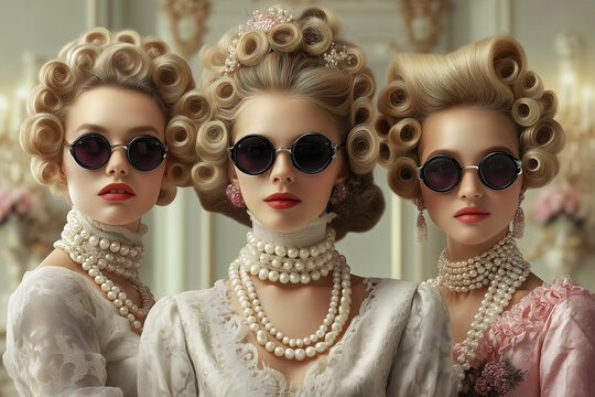 Elegant aristocratic women with vintage pin curl hairstyles wearing pearls, round sunglasses and red lipstick in luxurious retro fashion portrait showcasing sophisticated ladies who lunch aesthetic. 