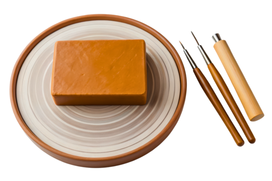 Pottery sculpting wheel with orange clay block and carving tools isolated with transparent background
