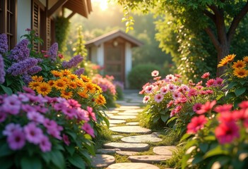 Obraz premium vibrant flower garden colorful blossoms stone walkway serenity backyard oasis, bloom, flora, pathway, nature, landscape, ornamental, herbaceous, hedge