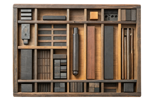 Wooden box with assorted vintage printing blocks and typeset pieces isolated with transparent background