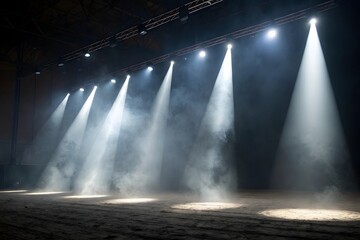 Dramatic Stage Lighting with Smoke and Beams Background