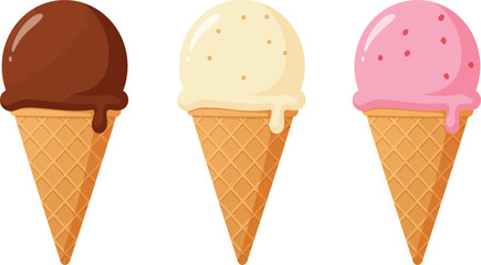 Three delicious ice cream cones with chocolate vanilla and strawberry flavors isolated on transparent background