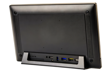 Black computer monitor with multiple USB ports and rear connections isolated with transparent background