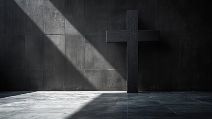 Fototapeta premium Wooden cross in dramatic lighting on a dark textured wall.