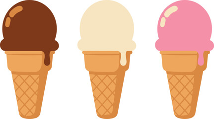 Three delicious ice cream cones with chocolate vanilla and strawberry flavors isolated on transparent background