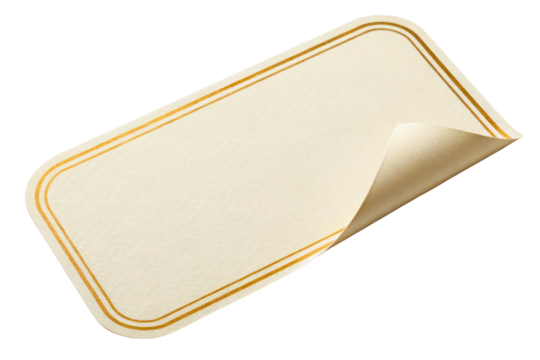 Blank adhesive label with gold border and curled corner for marking isolated with transparent background