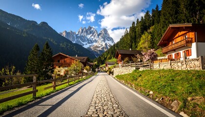Picturesque Dolomites Village Scene with Road Leading to Majestic Mountain Peaks
