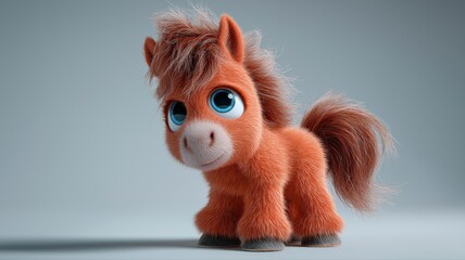 Cute cartoon red fire horse with big blue eyes - Symbol of 2026. Blurred background. Soft, warm tones.