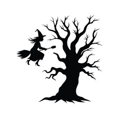 Silhouette of a witch flying on a broomstick near a spooky tree.