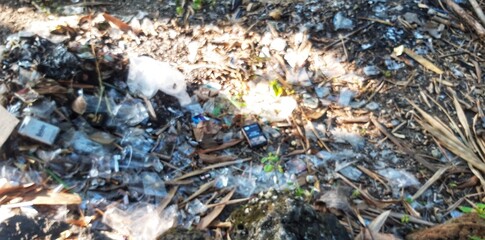 Pollution's Impact: Discarded Plastics and Cigarette Packets Littering Natural Landscape, Calling for Environmental Awareness and Responsible Waste Disposal Practices
