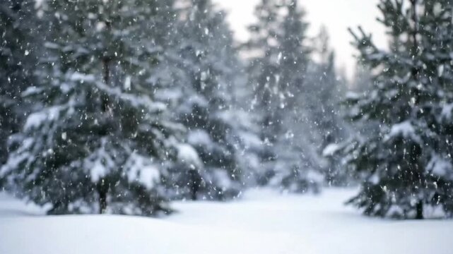 Beautiful winter background of snow and blurred forest in background, Gently falling snow flakes against blue sky. Winter wonderland serene nature 4k video