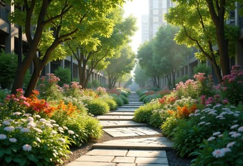 Obraz premium vibrant flowering plants urban green spaces lush oasis colorful blossoms nature artful serenity, spring, bloom, garden, park, flora, landscape, terrace