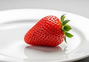 Close-up of a single, fresh strawberry on a white plate.