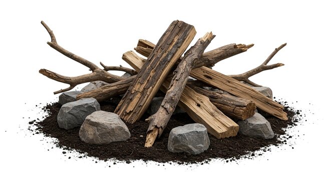 A pile of weathered wood arranged on a bed of dark soil surrounded by gray rocks