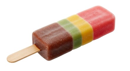 A rectangular popsicle featuring four distinct colorful horizontal bands set against a white background