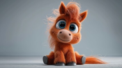 Cute cartoon red fire horse with big blue eyes - Symbol of 2026. Blurred background. Soft, warm tones.