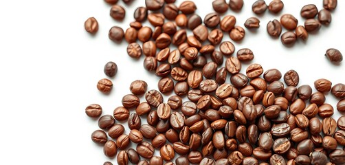 Close-up of roasted cocoa beans scattered on pristine white background,  aroma,  harvest