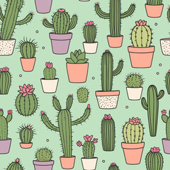 Seamless Pattern of Hand-Drawn Cacti in Pots on a Light Green Background with Playful and Colorful Design Elements