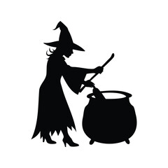 Silhouette of a Witch Stirring a Cauldron on White Background