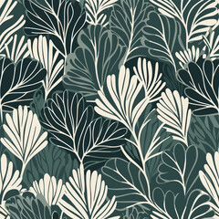 Elegant Seamless Pattern with Abstract Leaf Design in Dark Green and Cream Tones for Textile and Wallpaper
