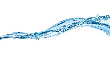 Fototapeta premium A sinuous wave of clear blue water stretches horizontally across a bright white background showcasing droplets and fluid textures